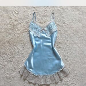 Satin Lace Trim Chemise in Light Blue